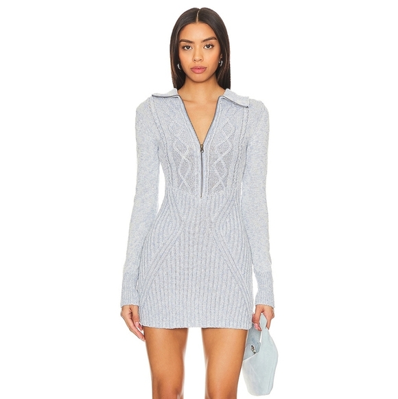 Free People Mont Blanc Mini Dress Blue Womens Medium Sweater Knit Boho Winter - Picture 10 of 13